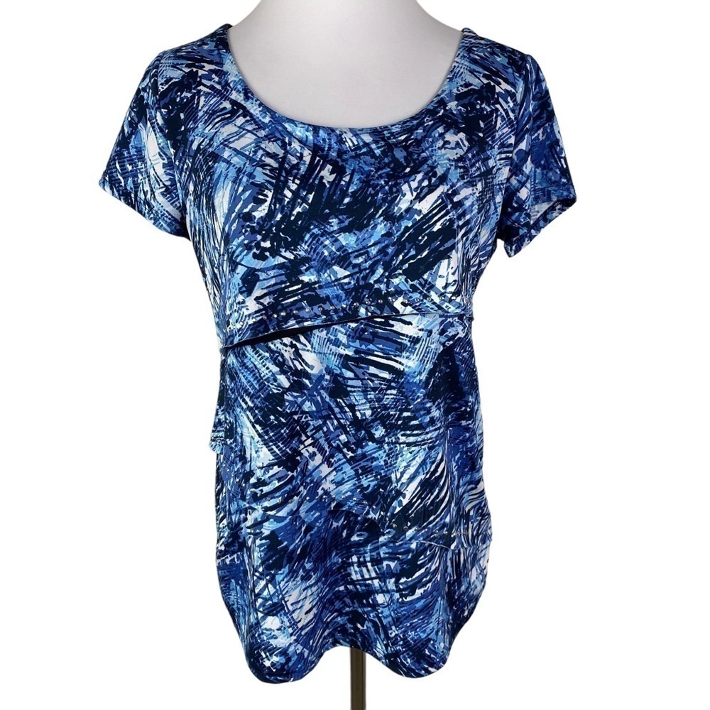 Coral Bay Studded Layered Short‎ Sleeve Blouse Women's Medium Blue Black Lined